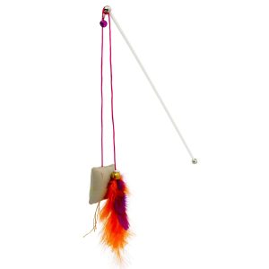 Juguete para gato tipo varita con 2 tiras de nylon con plumas de colores y un mini cojín de textura suabe - VANDER PET